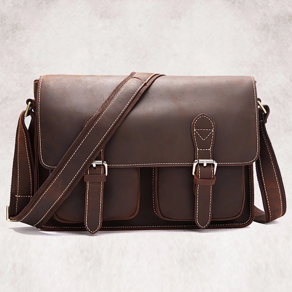 Crazy Horse Cowhide Shoulder Bag Men Messenger Briefcase Travel Casual Vintage Designer Genuine