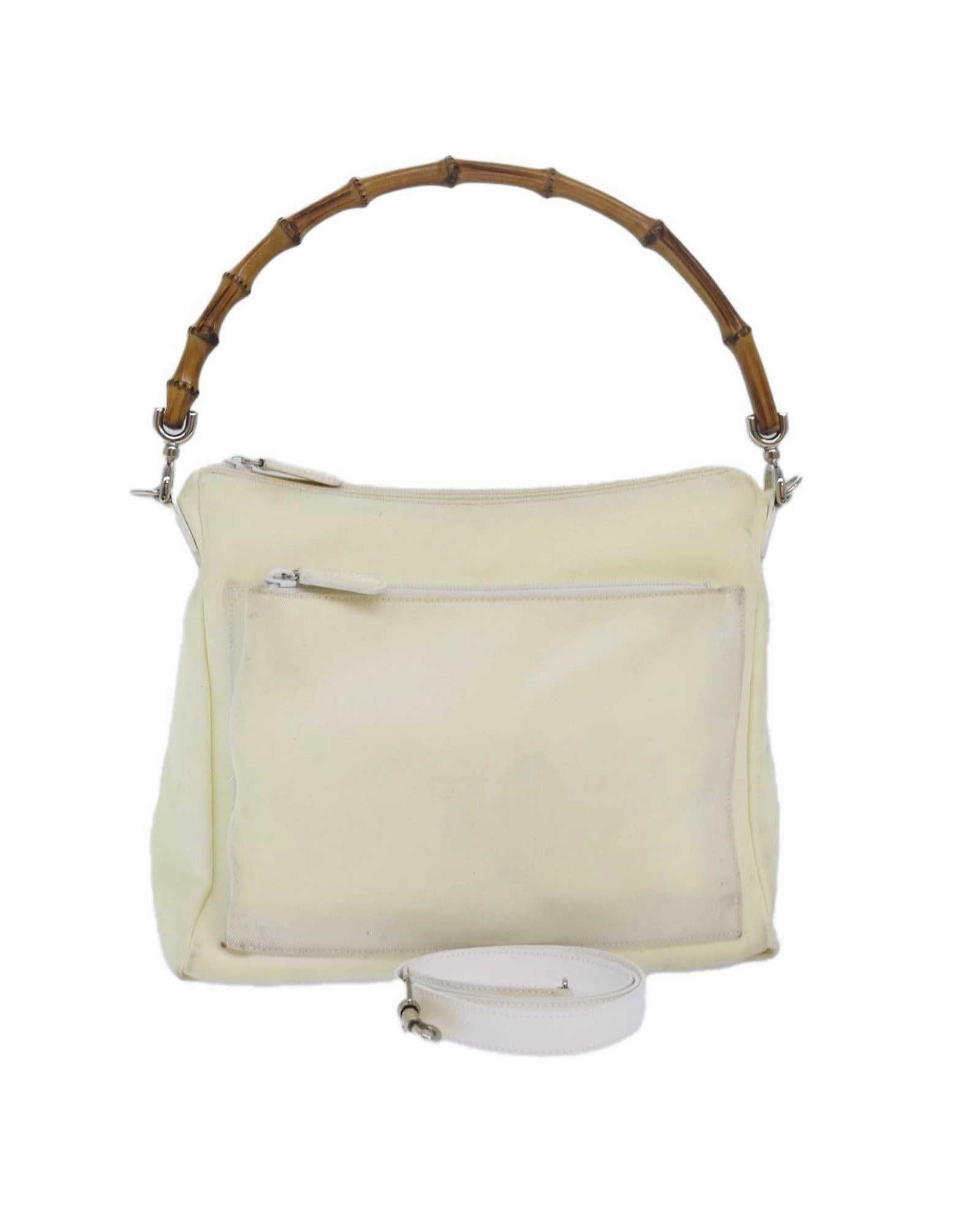 Cream Canvas Bamboo Handle Shoulder Bag