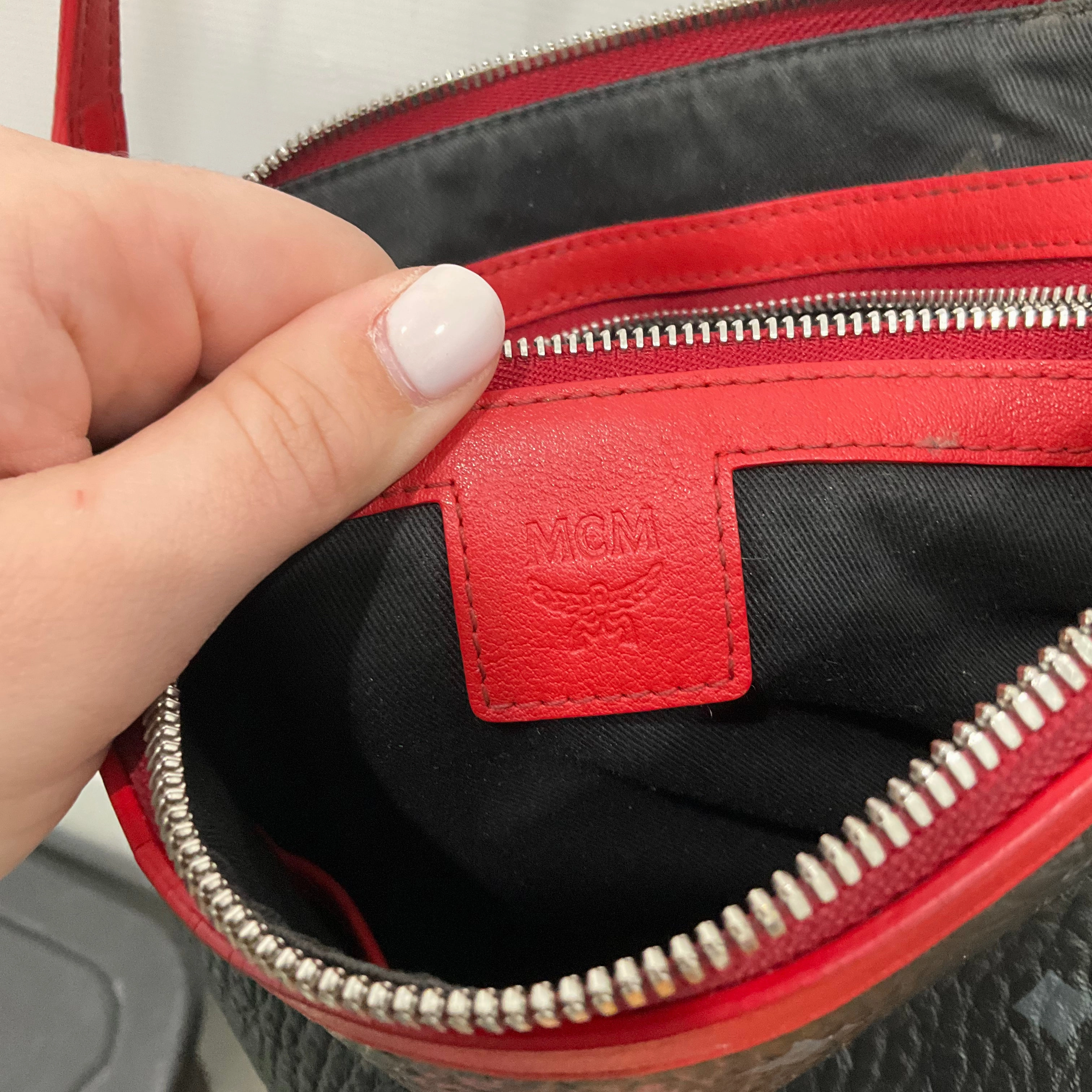 Crossbody Luxury Designer By Mcm In Black & Red, Size:Medium