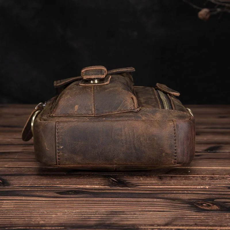 Dark Brown Leather Small Zipper Messenger Bag Vertical Side Bag Brown Courier Bag For Men