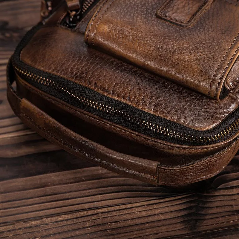 Dark Brown Leather Small Zipper Messenger Bag Vertical Side Bag Brown Courier Bag For Men