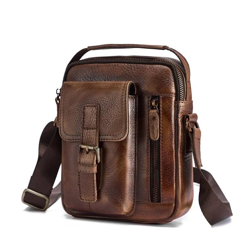 Dark Brown Leather Small Zipper Messenger Bag Vertical Side Bag Brown Courier Bag For Men
