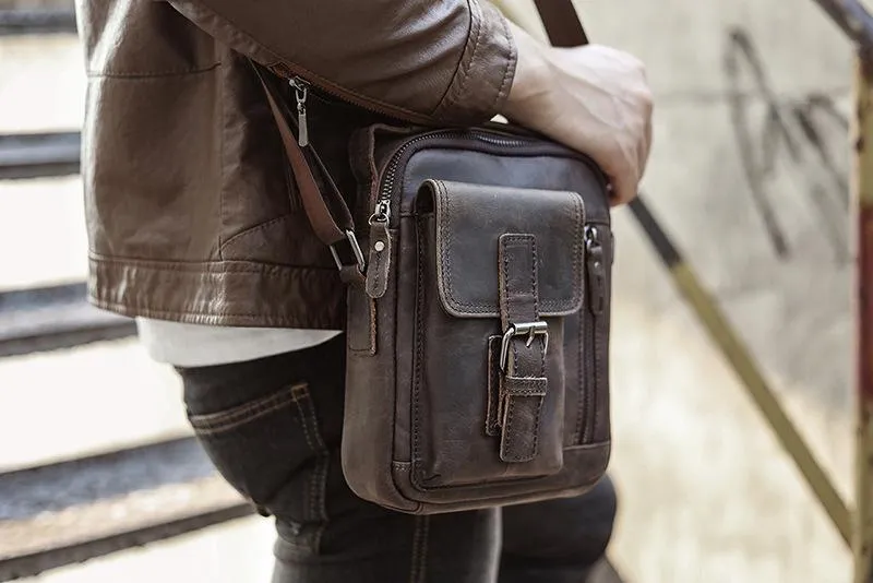 Dark Brown Leather Small Zipper Messenger Bag Vertical Side Bag Brown Courier Bag For Men