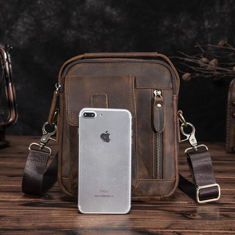 Dark Brown Leather Small Zipper Messenger Bag Vertical Side Bag Brown Courier Bag For Men