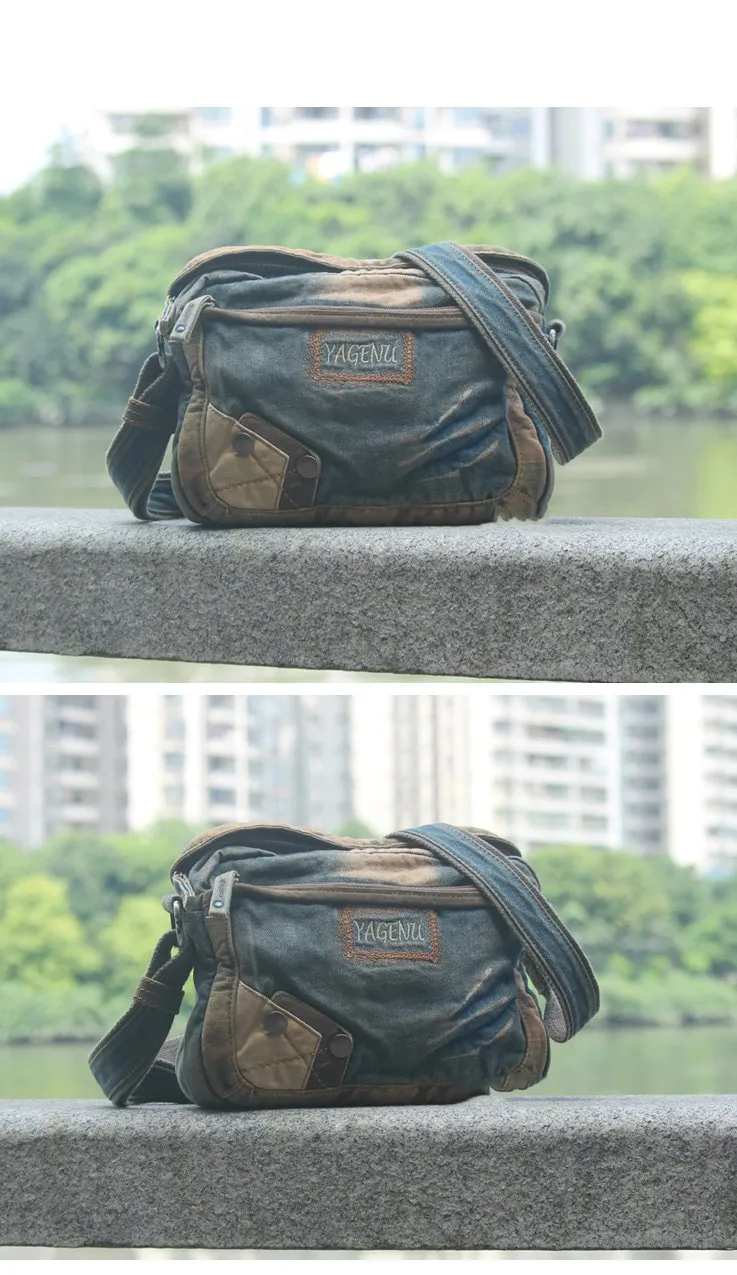 Denim Blue Mens Casual Small Messenger Bag Jean Postman Bag Courier Bag For Men