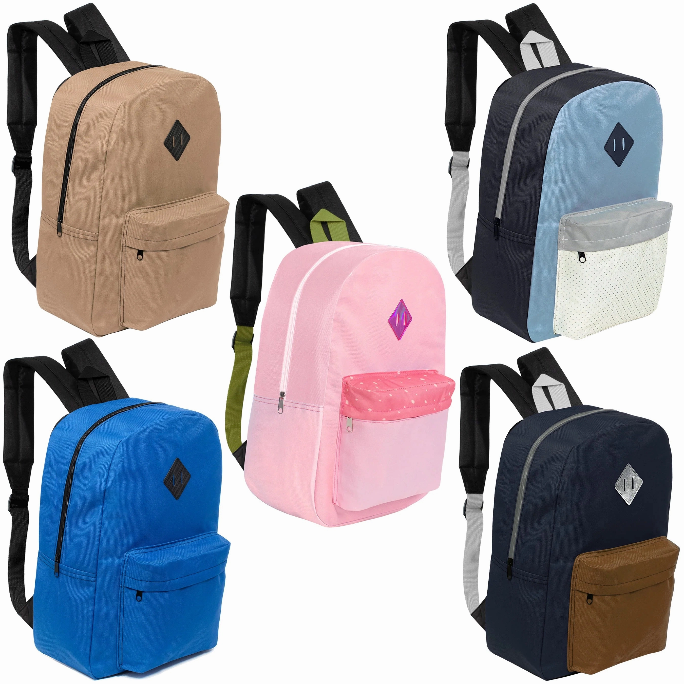 Diamond Patch Padded Back Wholesale 17 Backpack in 5 Assorted Colors  Bulk Case of 24