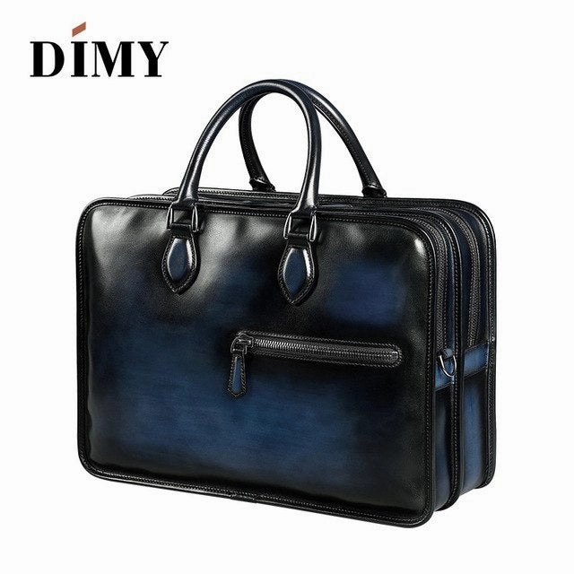 Dimy Hand Patina Leather Messenger Bag Dutch Calfskin Men'S Briefcases Business Double Zipper
