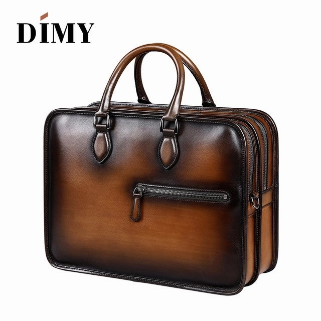 Dimy Hand Patina Leather Messenger Bag Dutch Calfskin Men'S Briefcases Business Double Zipper