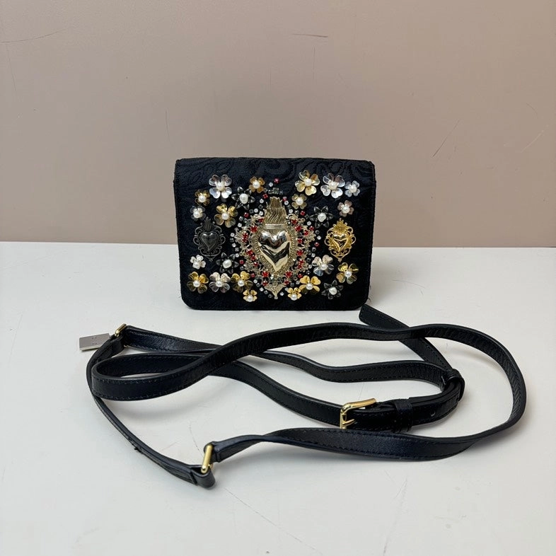Dolce & Gabbana Black Fabric Embellished Pearl Crossbody Bag