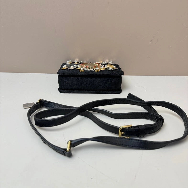 Dolce & Gabbana Black Fabric Embellished Pearl Crossbody Bag