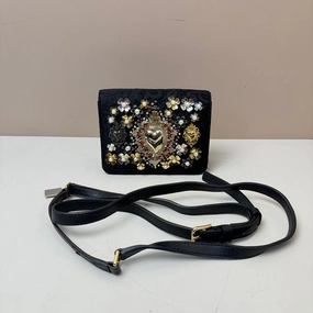 Dolce & Gabbana Black Fabric Embellished Pearl Crossbody Bag