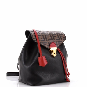 Drawstring Flap Backpack Leather with Zucca Embossed Detail Small