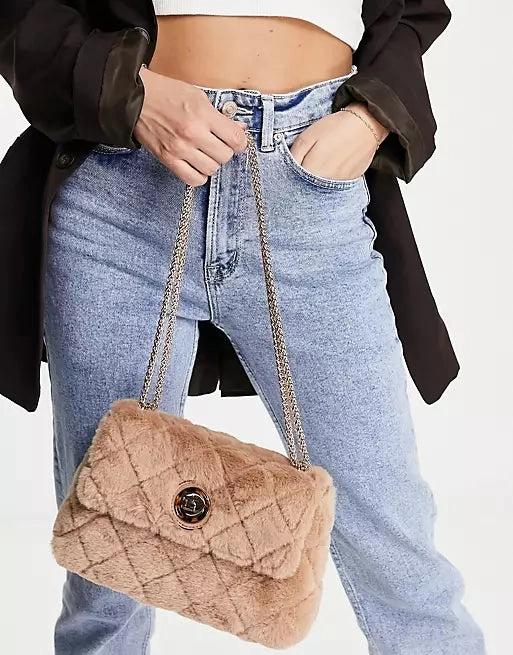 Dune Quilted Borg Faux fur crossbody bag -Nude