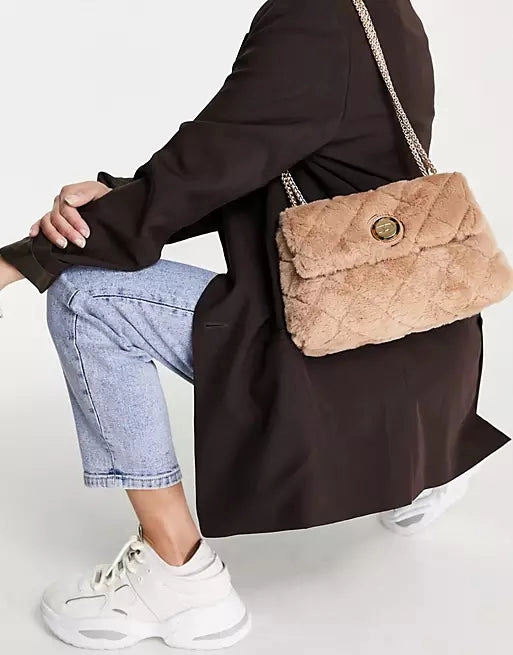 Dune Quilted Borg Faux fur crossbody bag -Nude