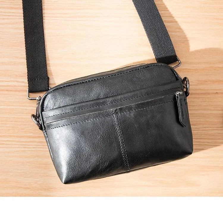 Fashion Black Small Leather Mens Side Bag Black Mini Courier Bag Messenger Bags POstman Bag for Men