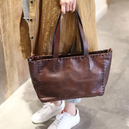 Fashion Womens Brown Leather Tote Shoulder Bag Soft Leather Tote Work Handbag for Women