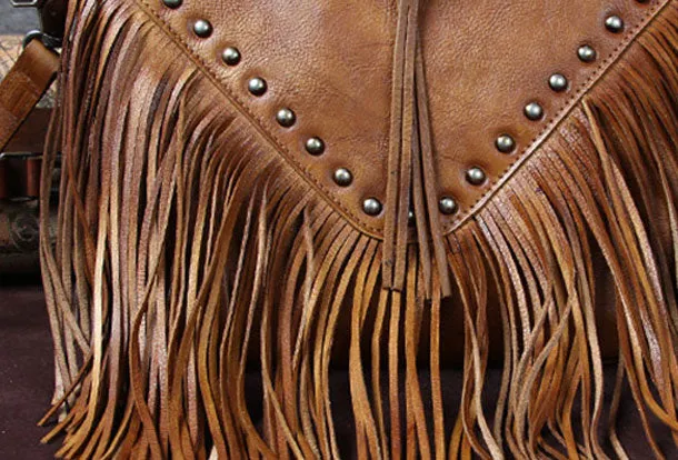 Genuine Leather Bag Vintage Rivet Tassel Bag Crossbody Bag Shoulder Bag Purse For Women