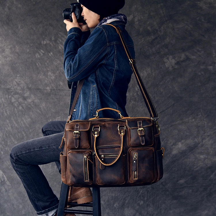 Genuine Leather Mens Bags Travel Tote  Bags Men'S Multiple Pockets Travel Duffle Laptop Large