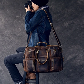 Genuine Leather Mens Bags Travel Tote  Bags Men'S Multiple Pockets Travel Duffle Laptop Large