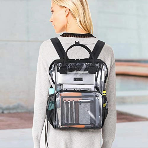Gonex Heavy Duty Clear Backpack with Cosmetic Bag, Transparent Backpack Fits 15.6 inch Laptop for School, Work, Travel Black