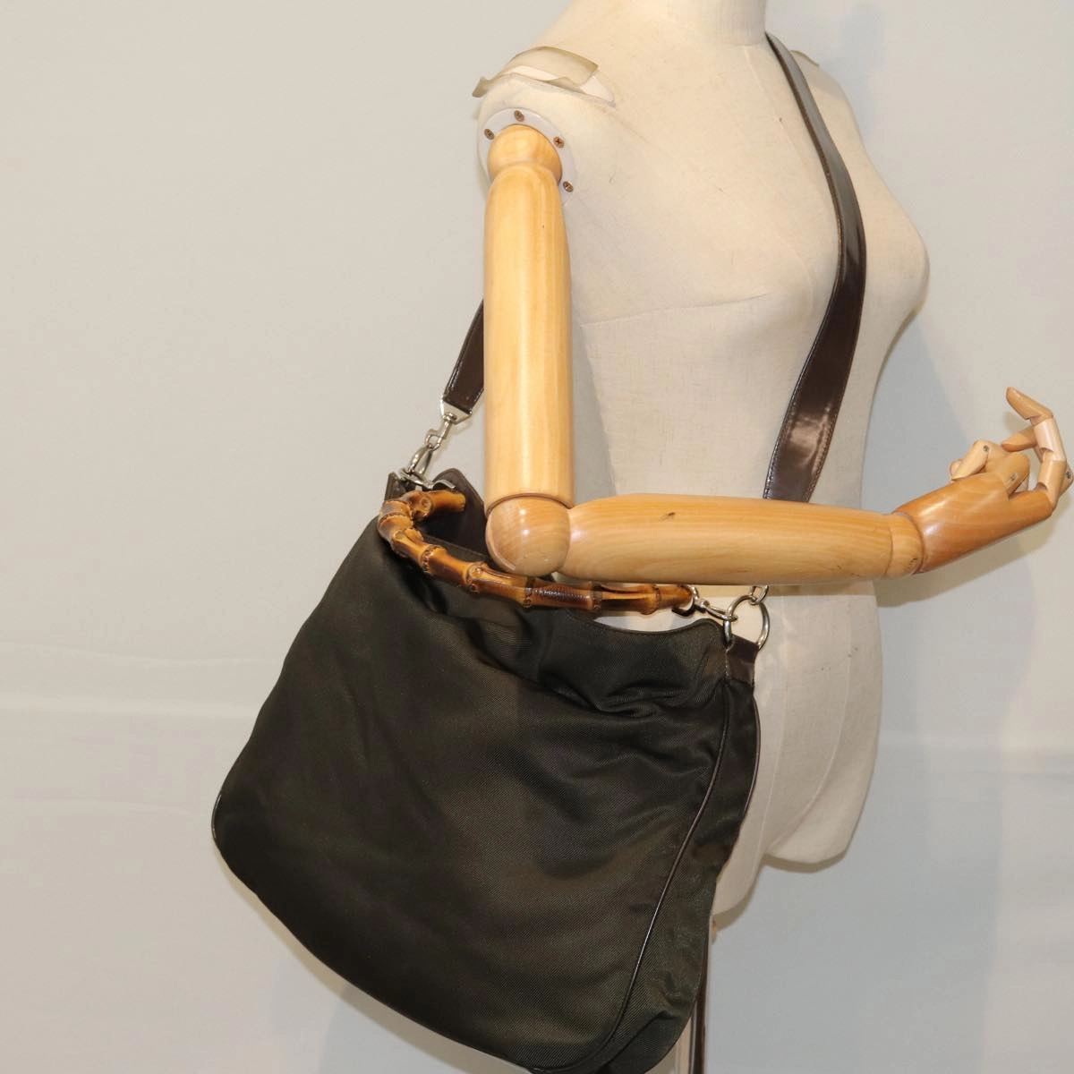 GUCCI Bamboo Shoulder Bag Nylon 2way Khaki 001 2404 1577  77677