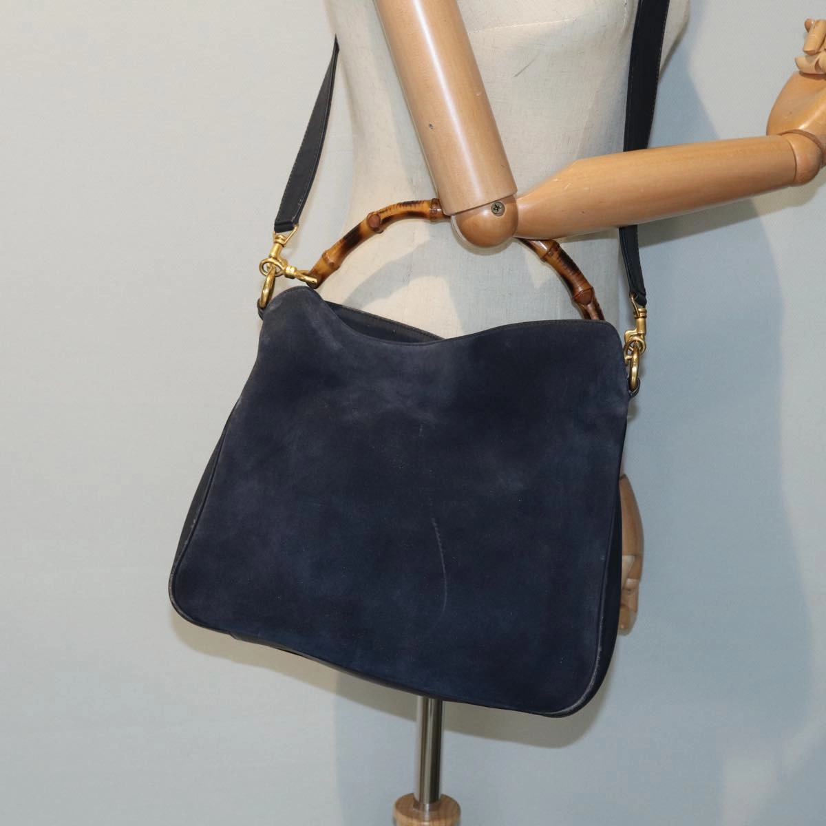 GUCCI Bamboo Shoulder Bag Suede 2way Navy 001 1014 1638 0  th5147