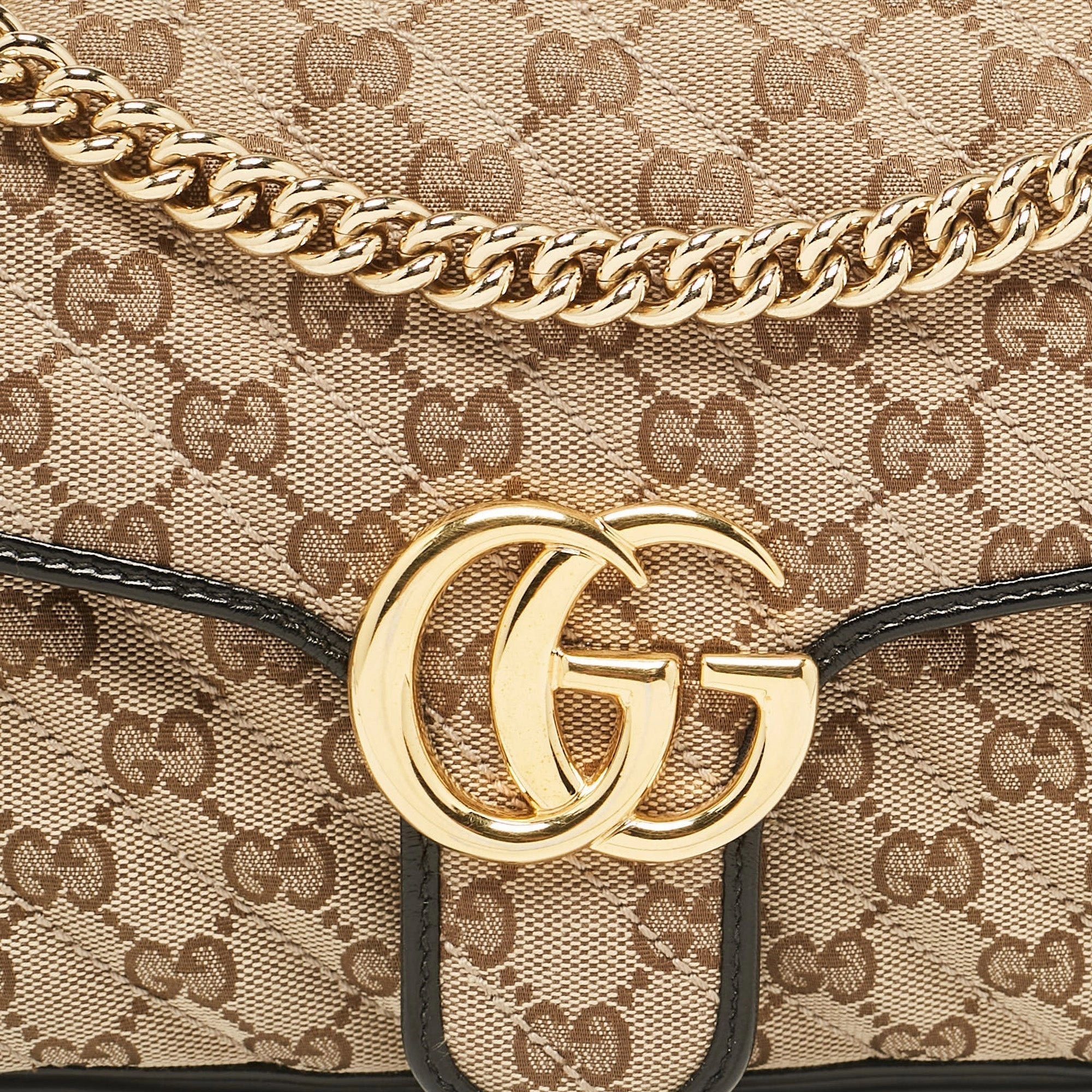 Gucci Beige/black Diagonal Quilted Gg Canvas And Leather Small Gg Marmont Shoulder Bag