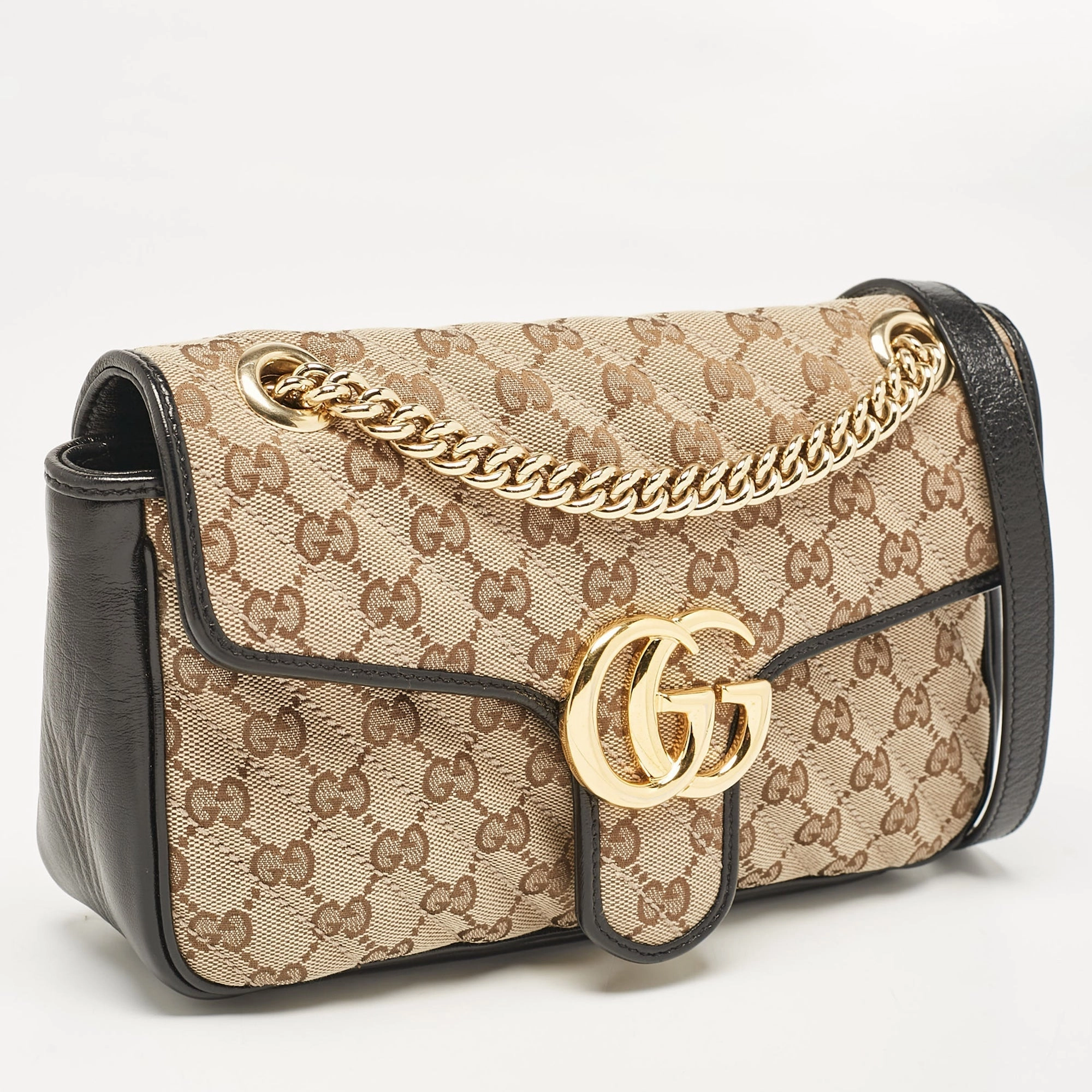 Gucci Beige/black Diagonal Quilted Gg Canvas And Leather Small Gg Marmont Shoulder Bag