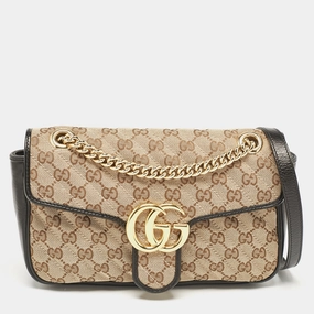 Gucci Beige/black Diagonal Quilted Gg Canvas And Leather Small Gg Marmont Shoulder Bag