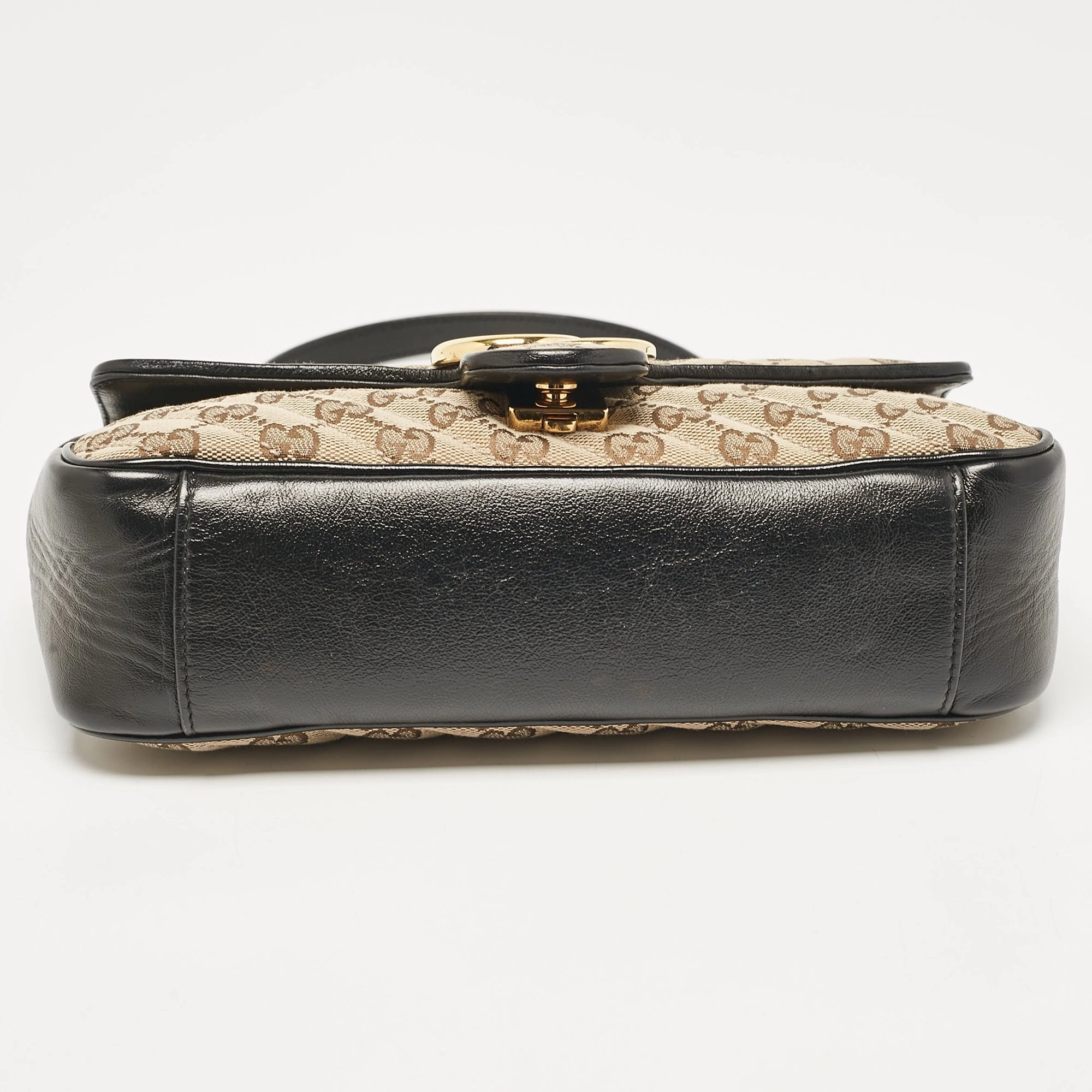 Gucci Beige/black Diagonal Quilted Gg Canvas And Leather Small Gg Marmont Shoulder Bag