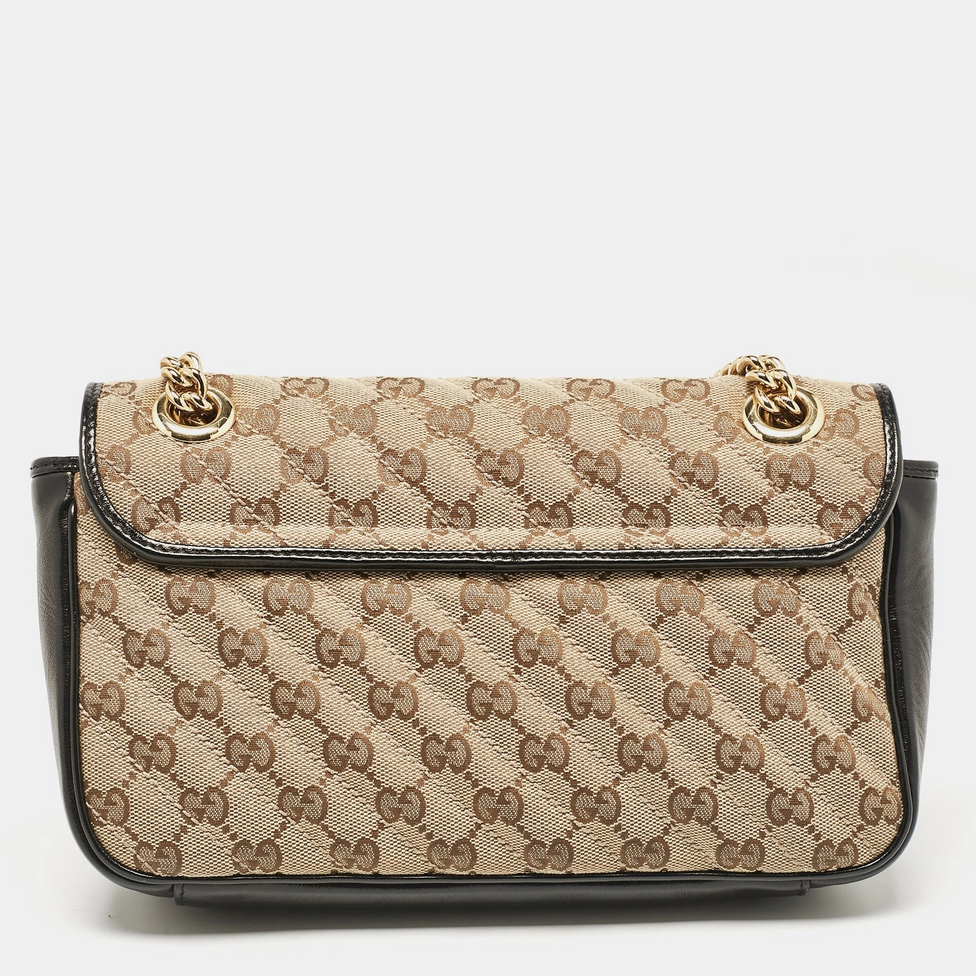 Gucci Beige/black Diagonal Quilted Gg Canvas And Leather Small Gg Marmont Shoulder Bag