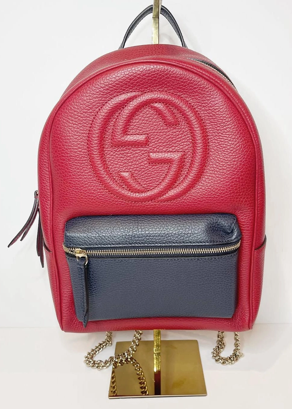 GUCCI Bi-Colour Soho Chain backpack red/navy blue leather