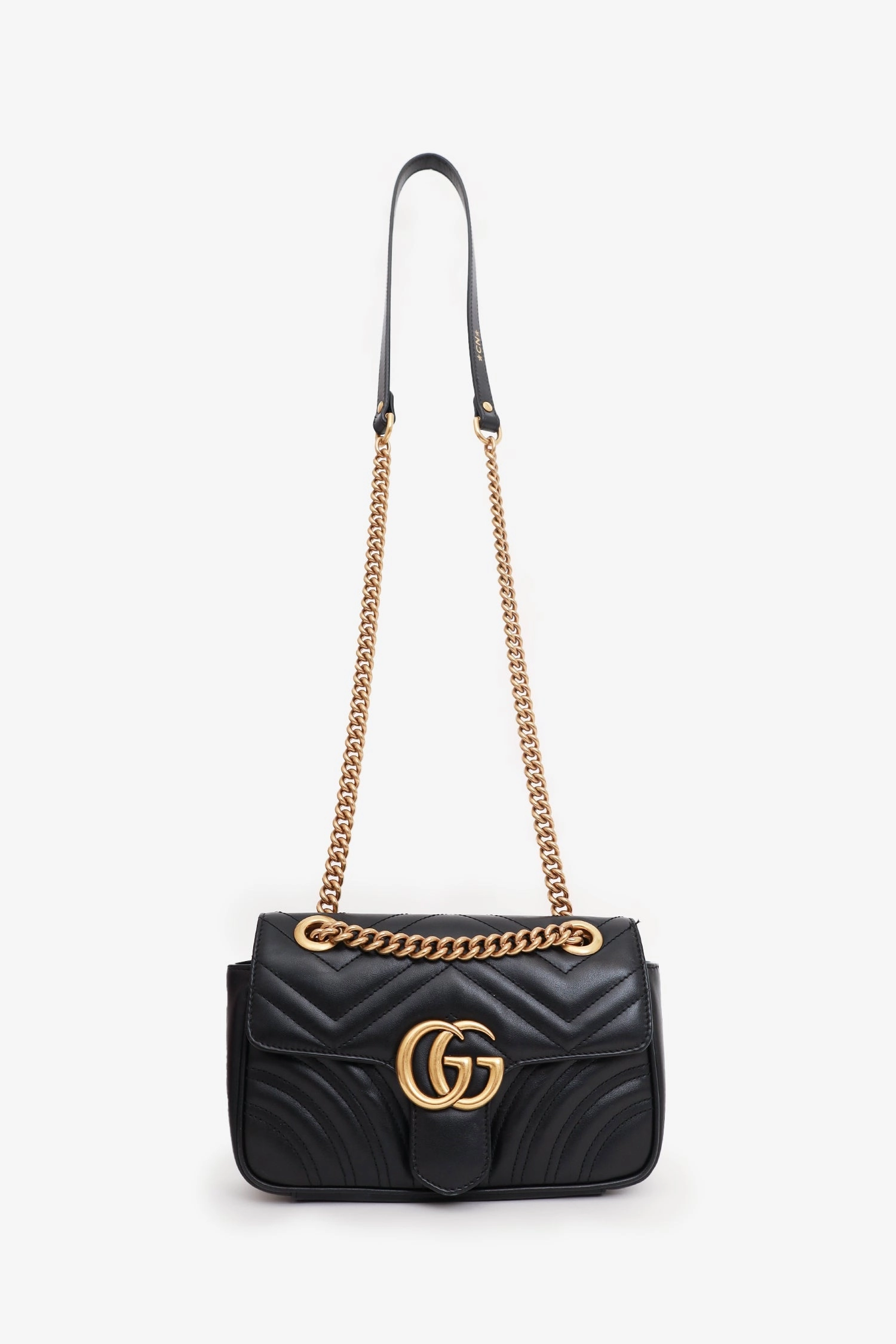 Gucci Black Leather Mini GG Marmont Shoulder Bag with 'CN' Initial