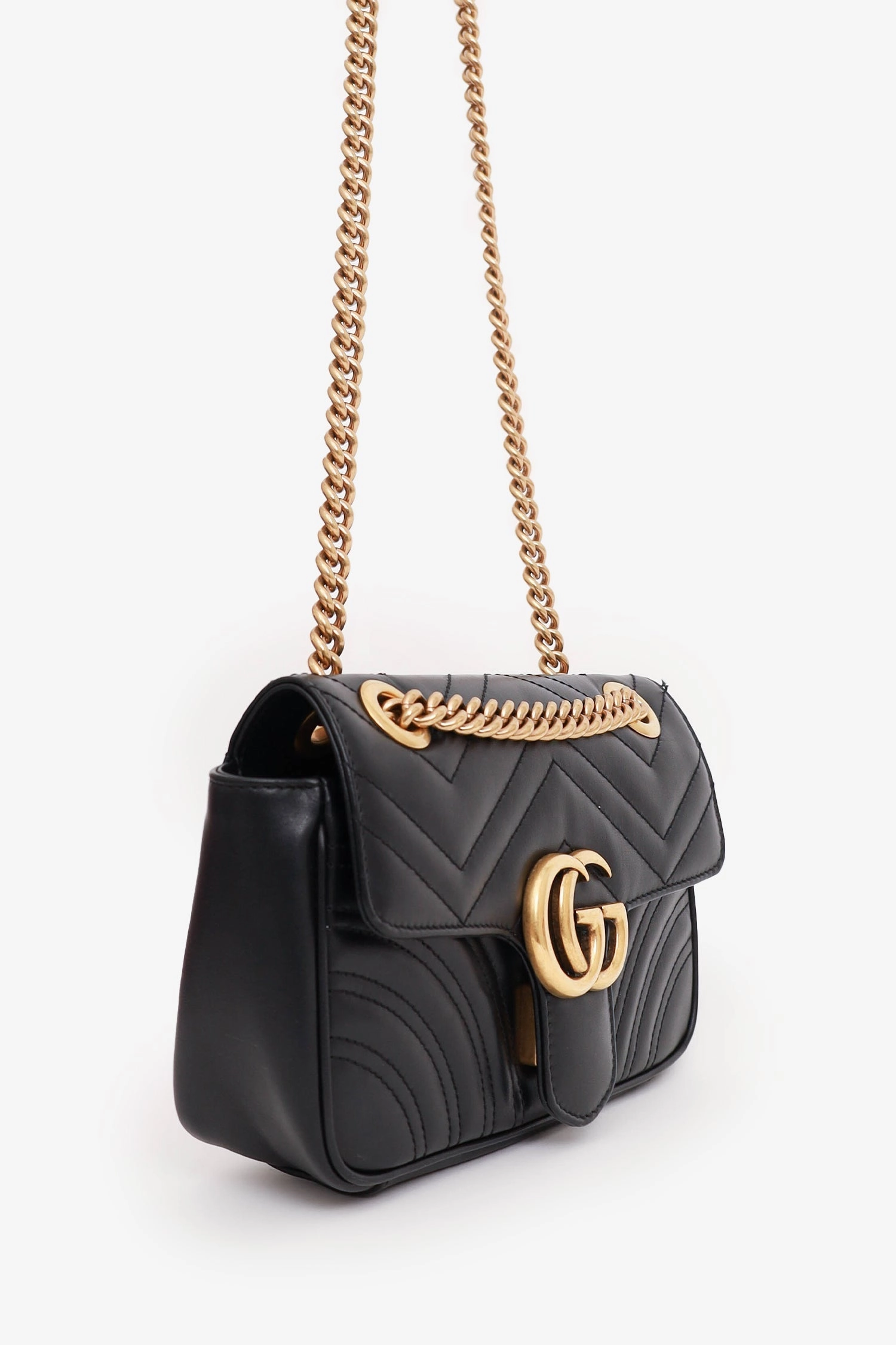 Gucci Black Leather Mini GG Marmont Shoulder Bag with 'CN' Initial