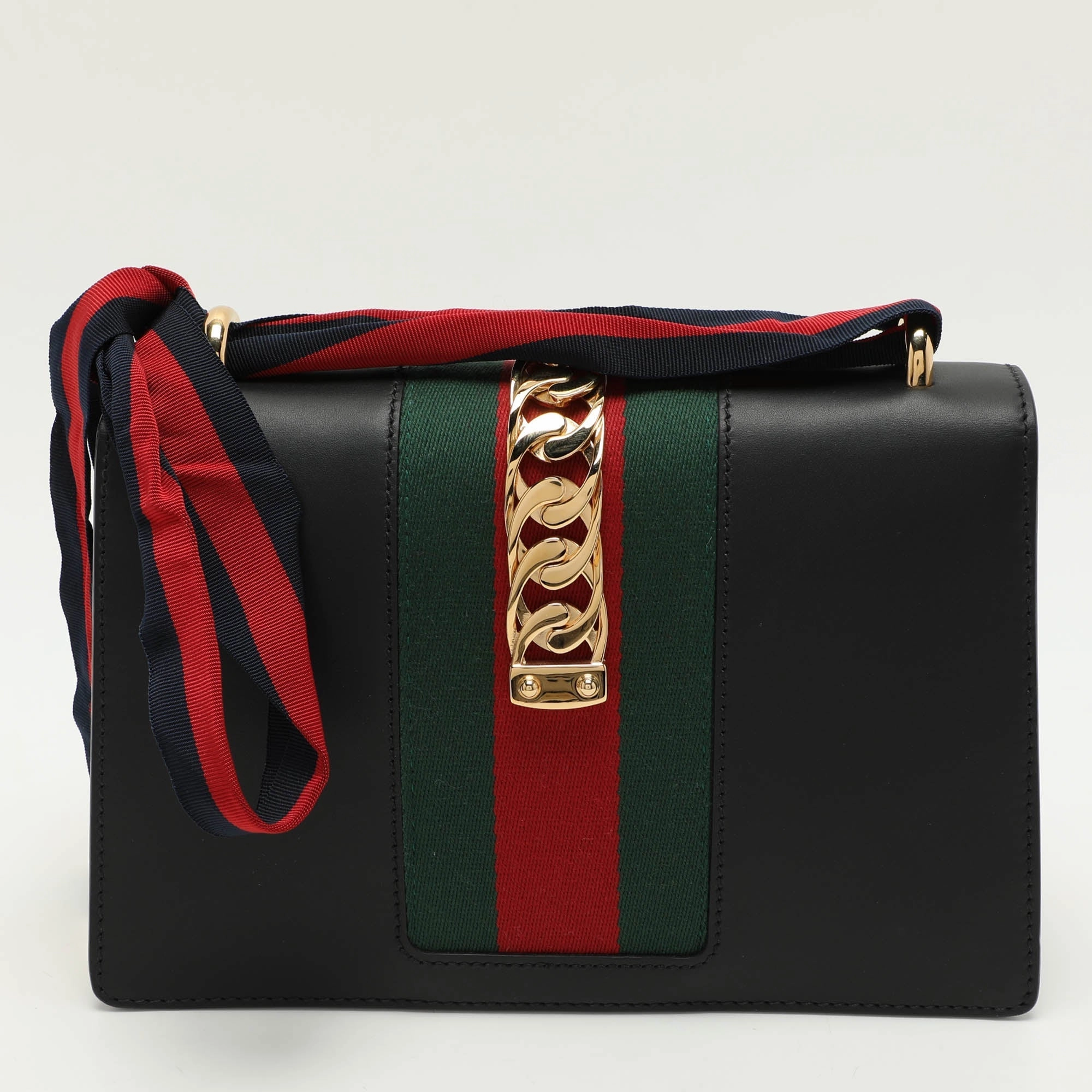 Gucci Black Leather Small Web Chain Sylvie Shoulder Bag