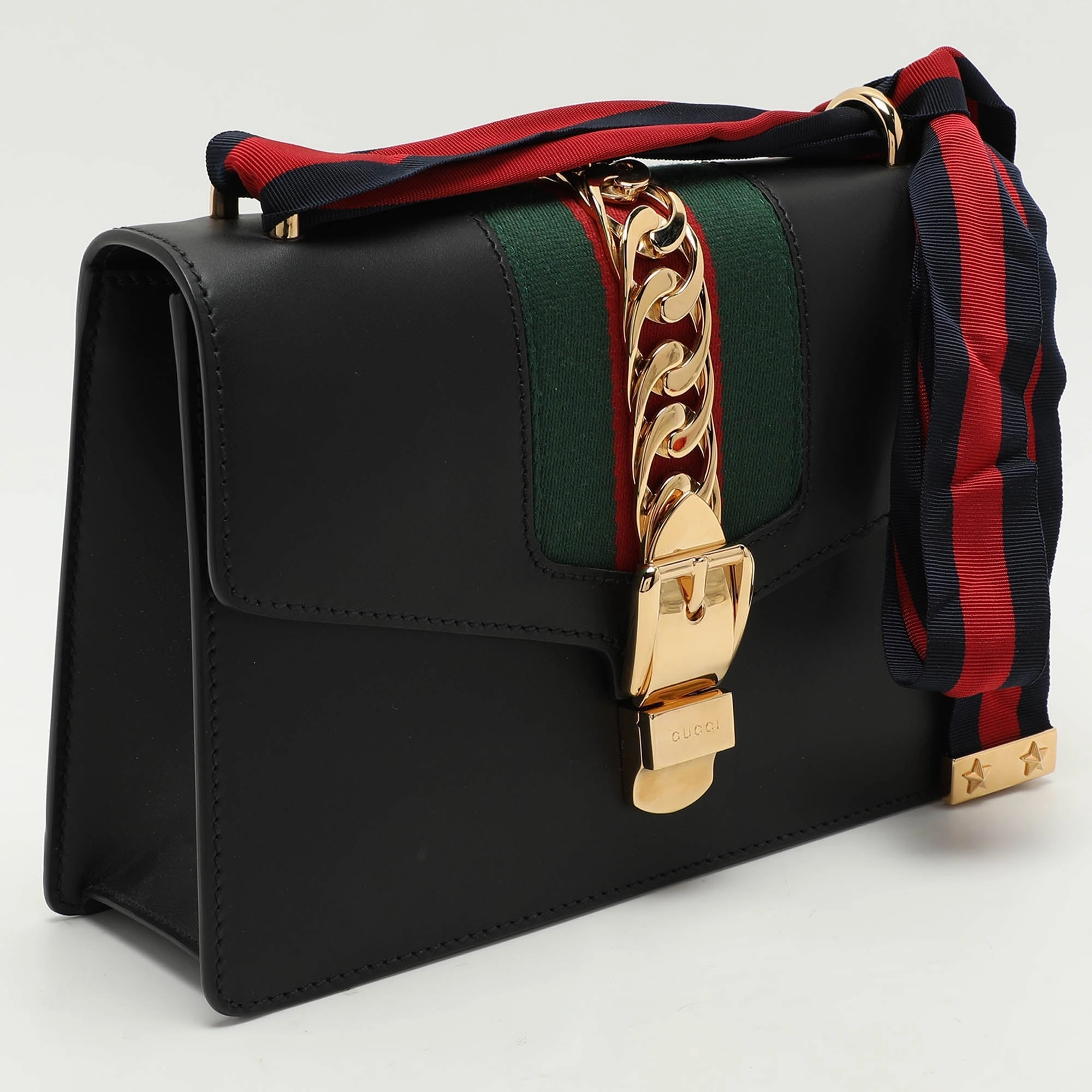 Gucci Black Leather Small Web Chain Sylvie Shoulder Bag