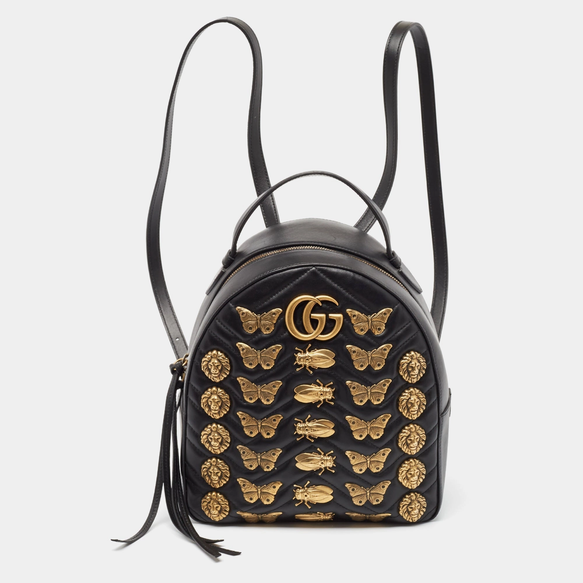 Gucci Black Matelass&eacute; Leather Animal Stud Gg Marmont Dome Backpack