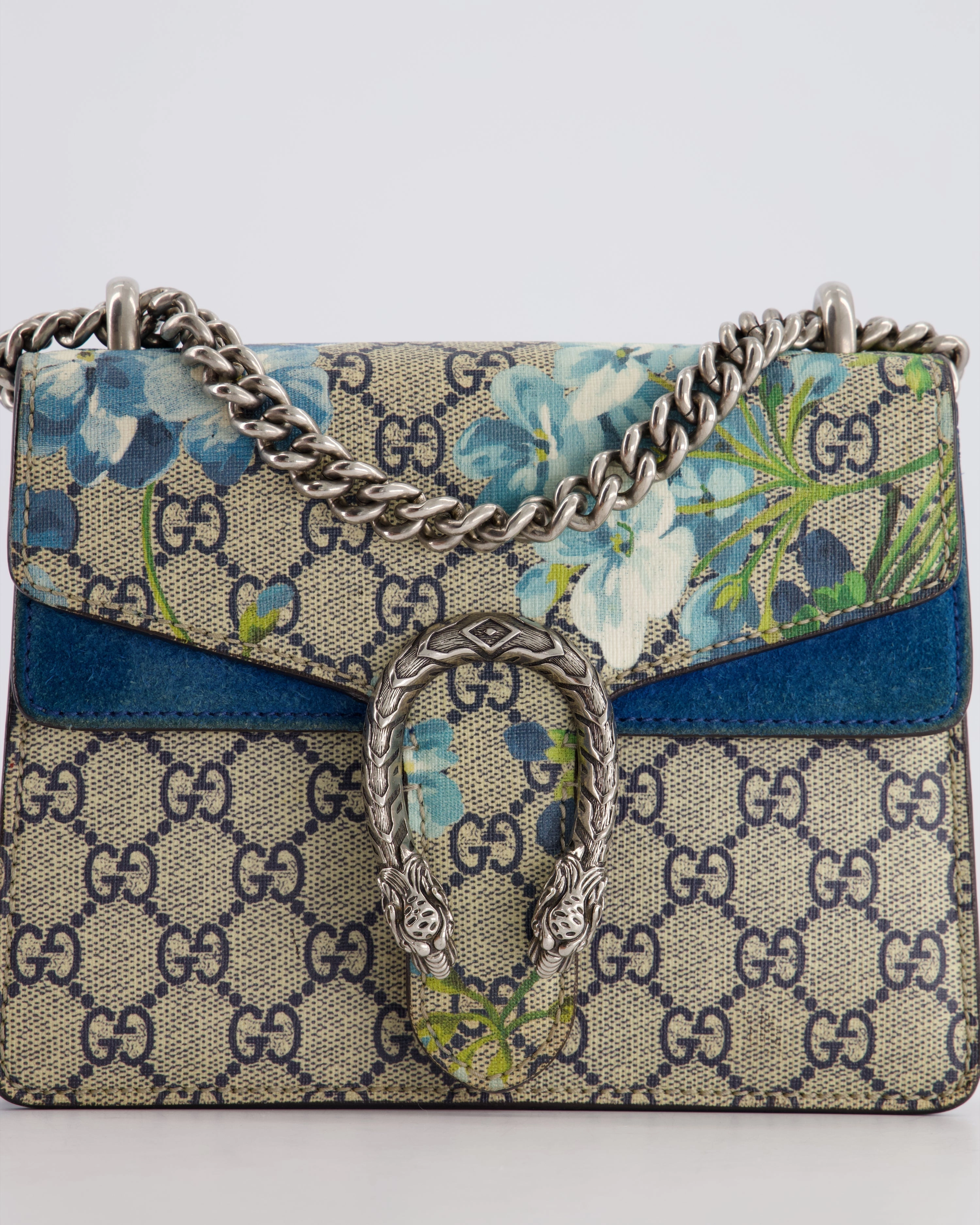 Gucci Brown and Blue Floral Canvas Mini Supreme Dionysus Crossbody Bag With Ruthenium Hardware