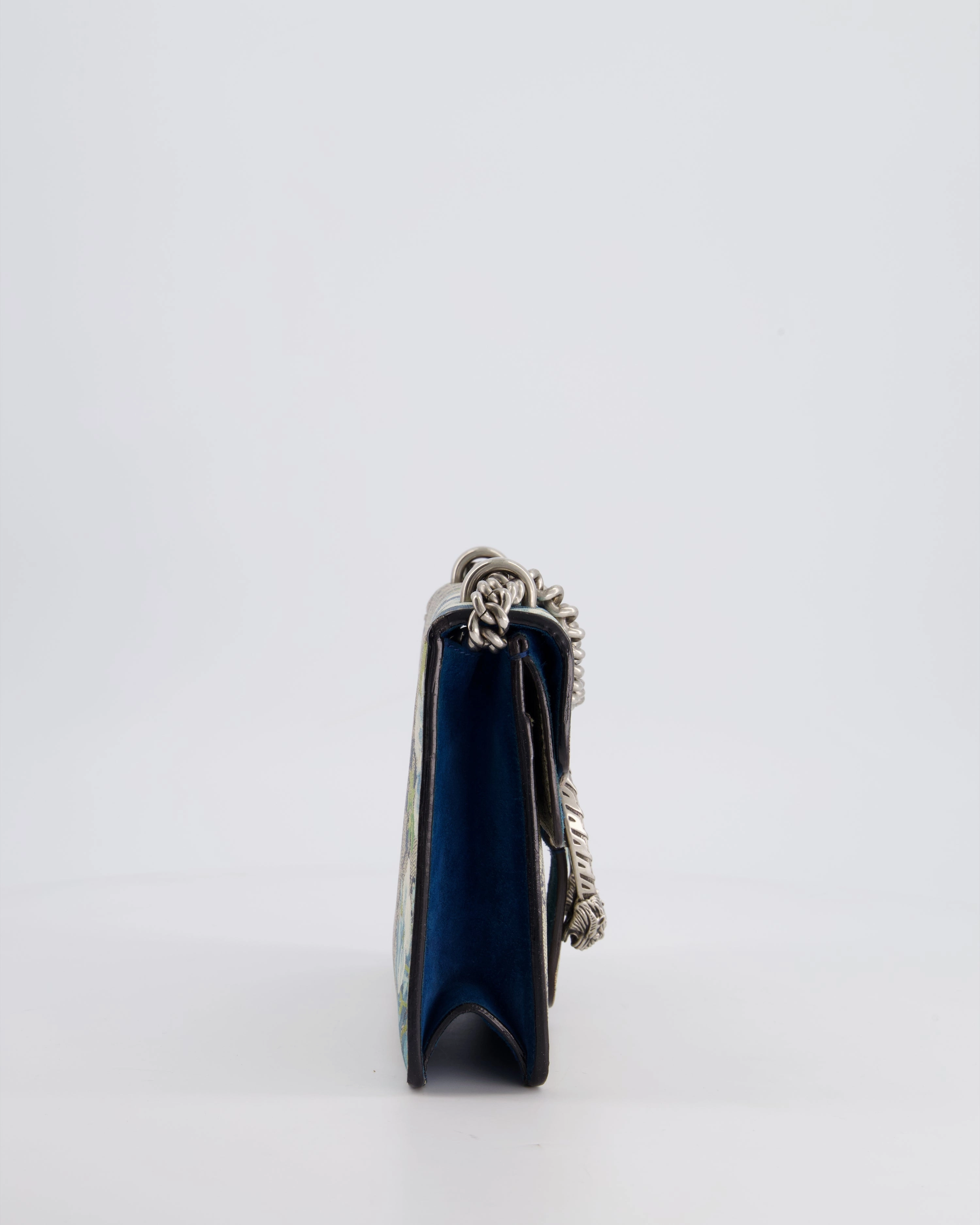 Gucci Brown and Blue Floral Canvas Mini Supreme Dionysus Crossbody Bag With Ruthenium Hardware