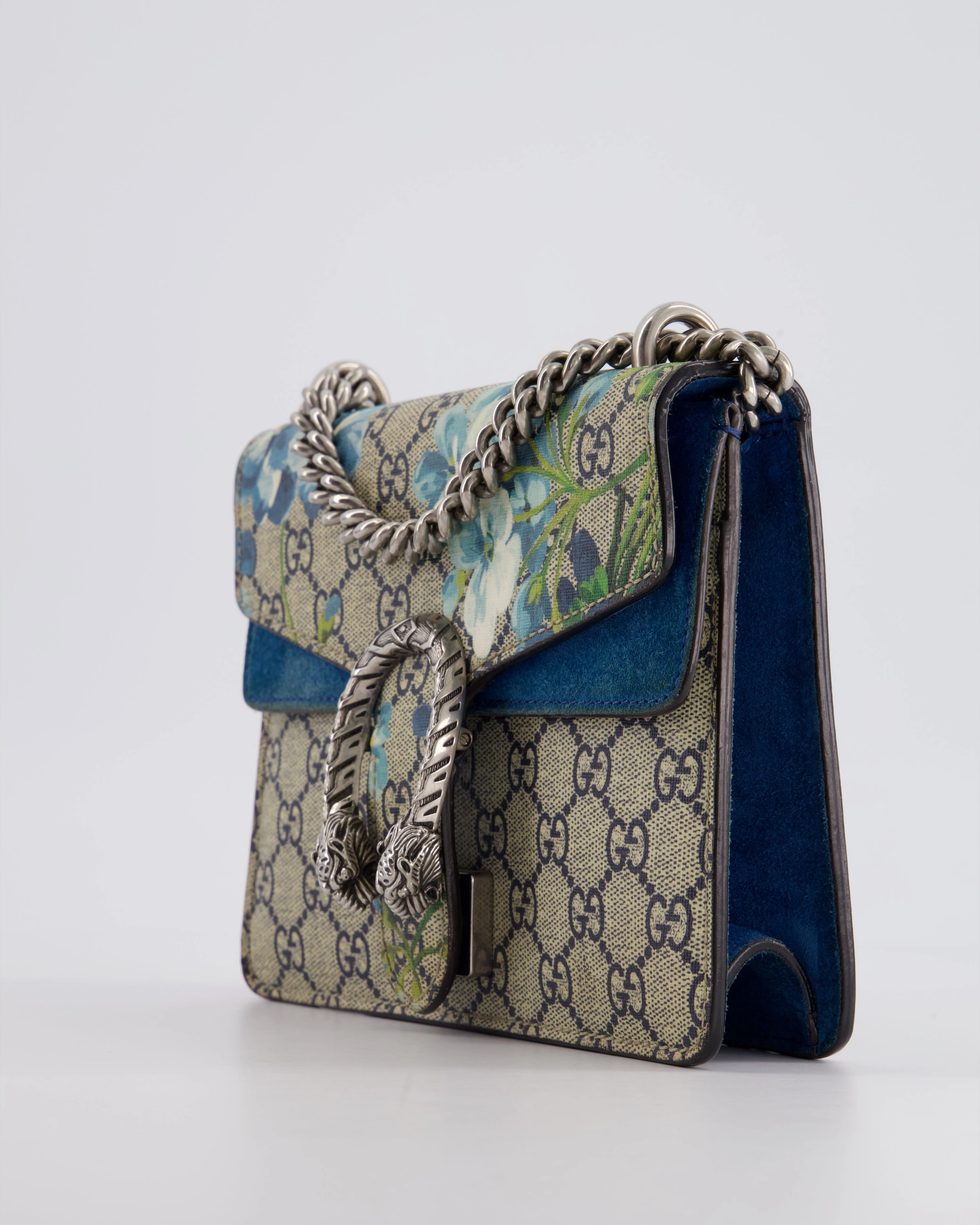Gucci Brown and Blue Floral Canvas Mini Supreme Dionysus Crossbody Bag With Ruthenium Hardware