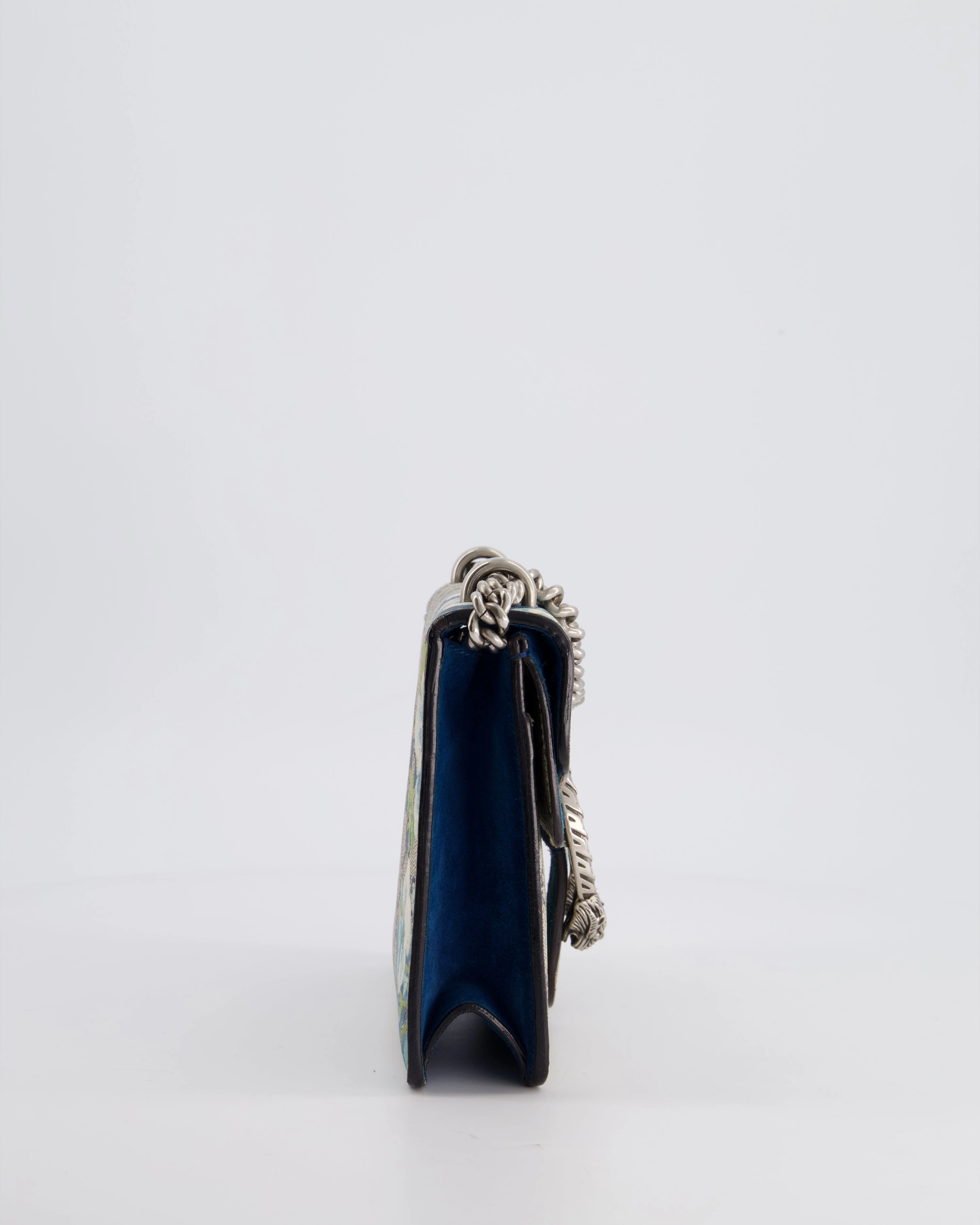 Gucci Brown and Blue Floral Canvas Mini Supreme Dionysus Crossbody Bag With Ruthenium Hardware