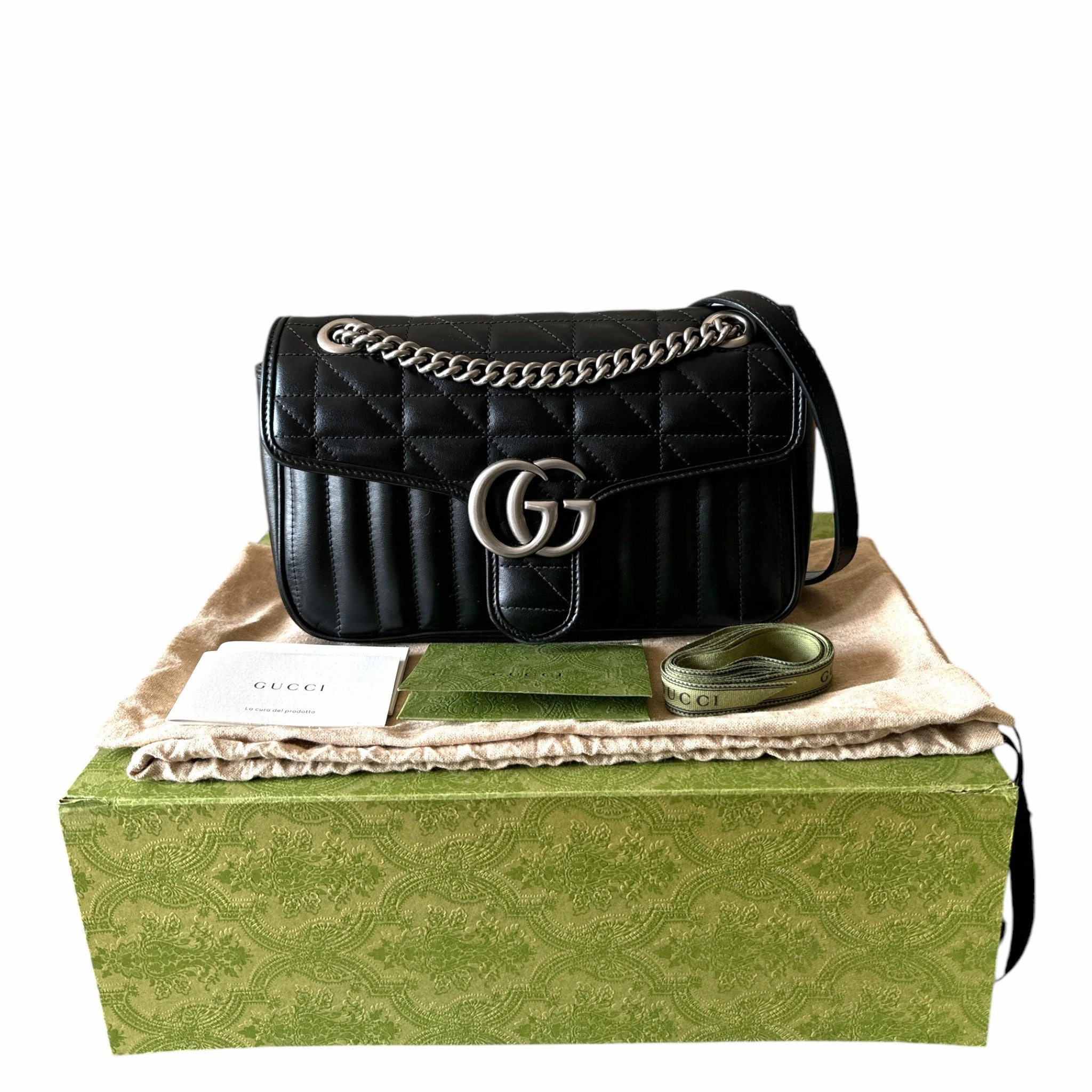 Gucci Calfskin Matelasse Aria Small GG Marmont Shoulder Bag Black