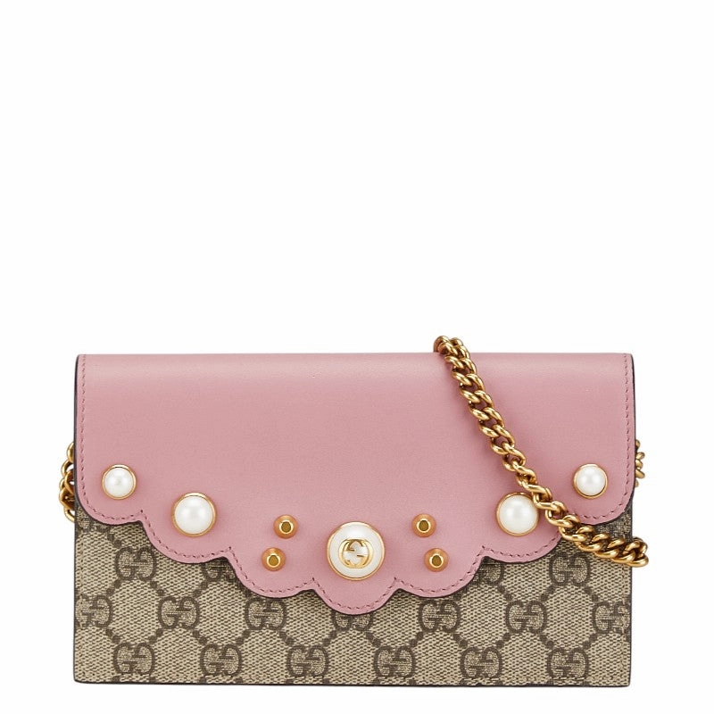 Gucci GG Supreme Pearl Chain Wallet Shoulder Bag