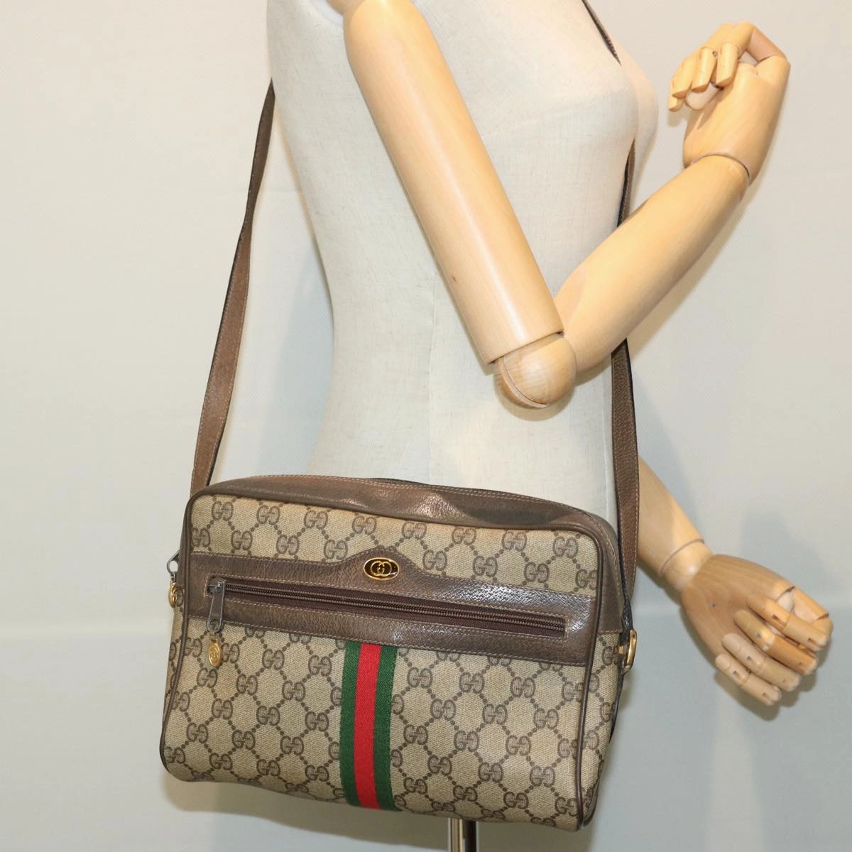 GUCCI GG Supreme Webshire Line Shoulder Bag Canvas Beige Brown 72 02 005