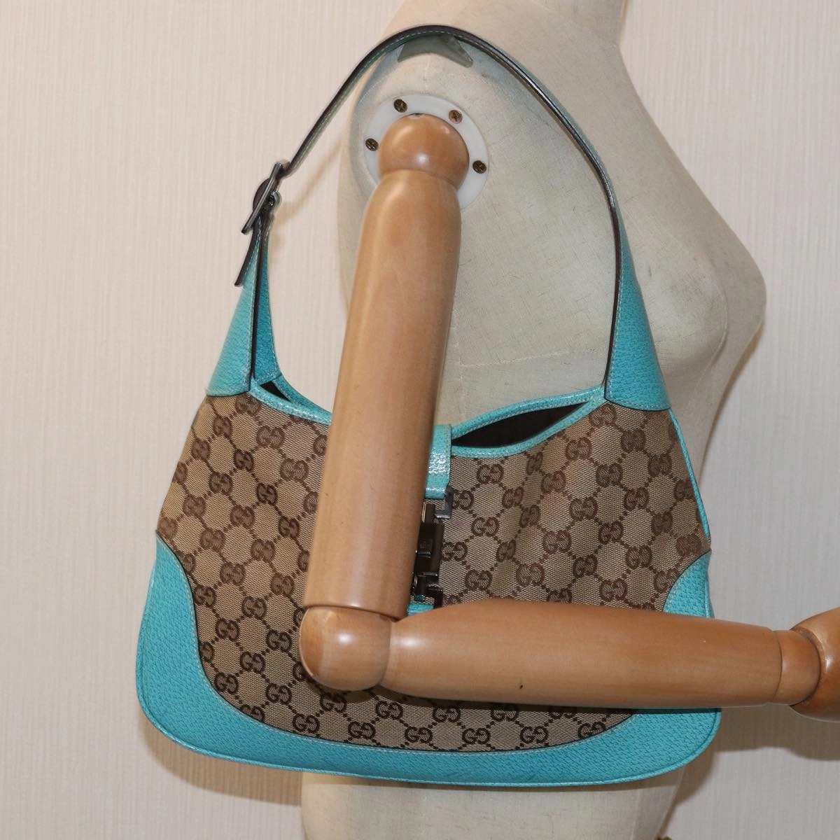 GUCCI Jackie GG Canvas Shoulder Bag Light Blue Beige 00963  12888A
