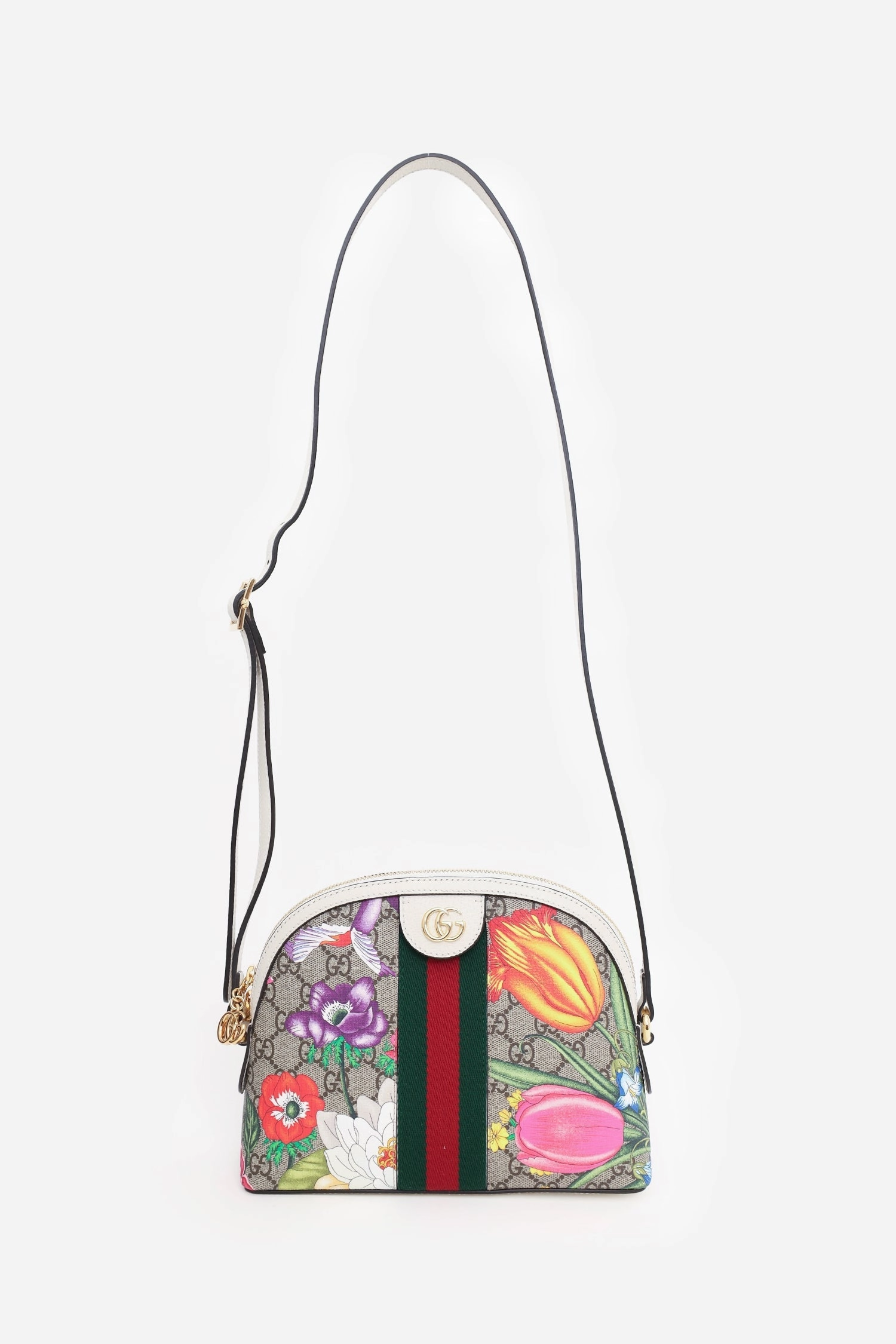 Gucci Off White/Beige GG Supreme Canvas Small Floral Ophidia Shoulder Bag