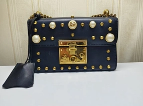 Gucci Padlock Black Leather Pearl Studded Shoulder Bag Medium