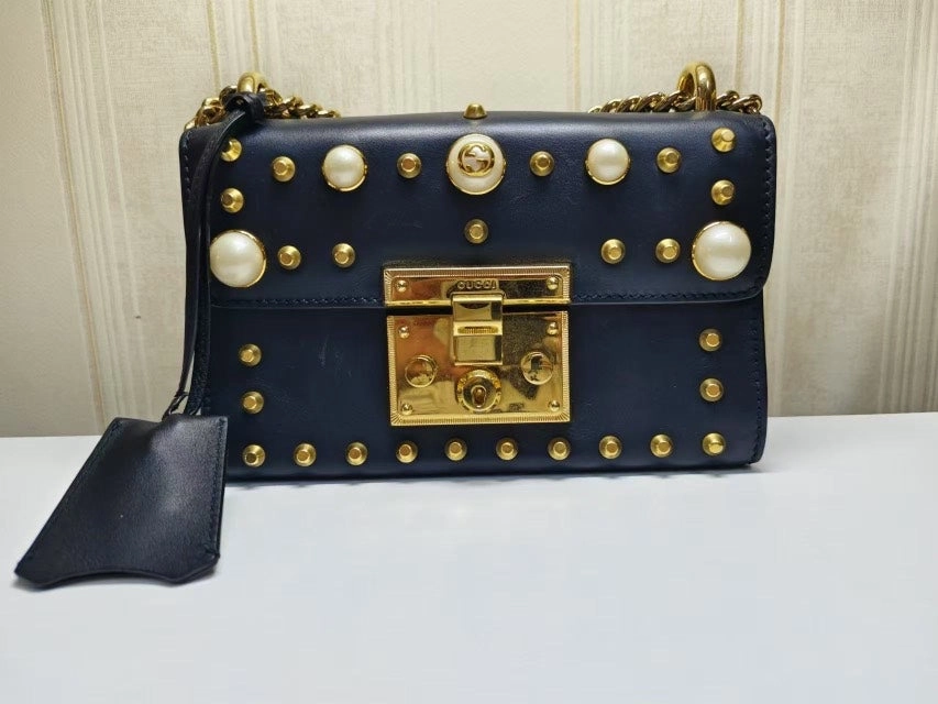 Gucci Padlock Black Leather Pearl Studded Shoulder Bag Medium