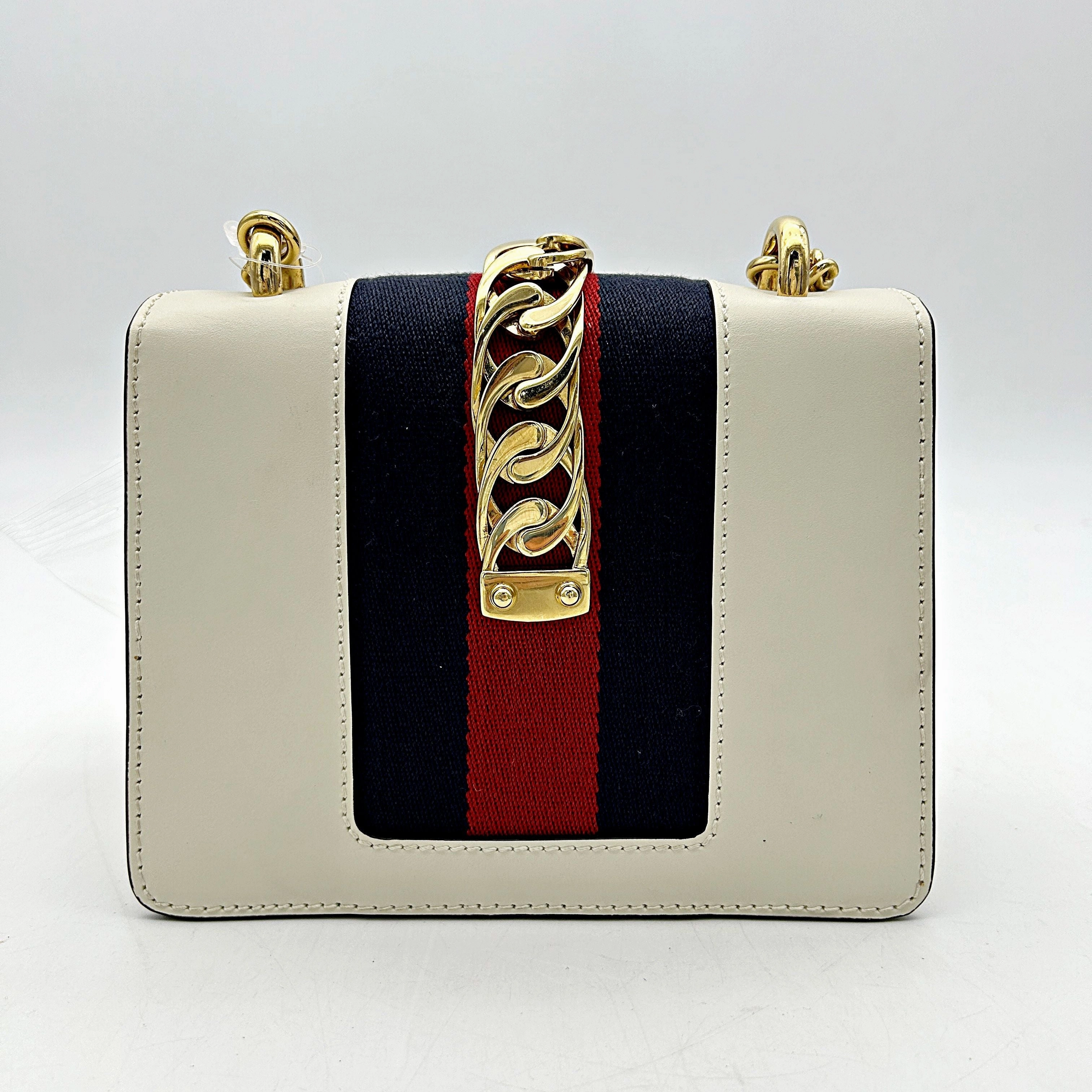 Gucci White Leather Vintage Web Mini Sylvie Chain Shoulder Bag gu9962ht