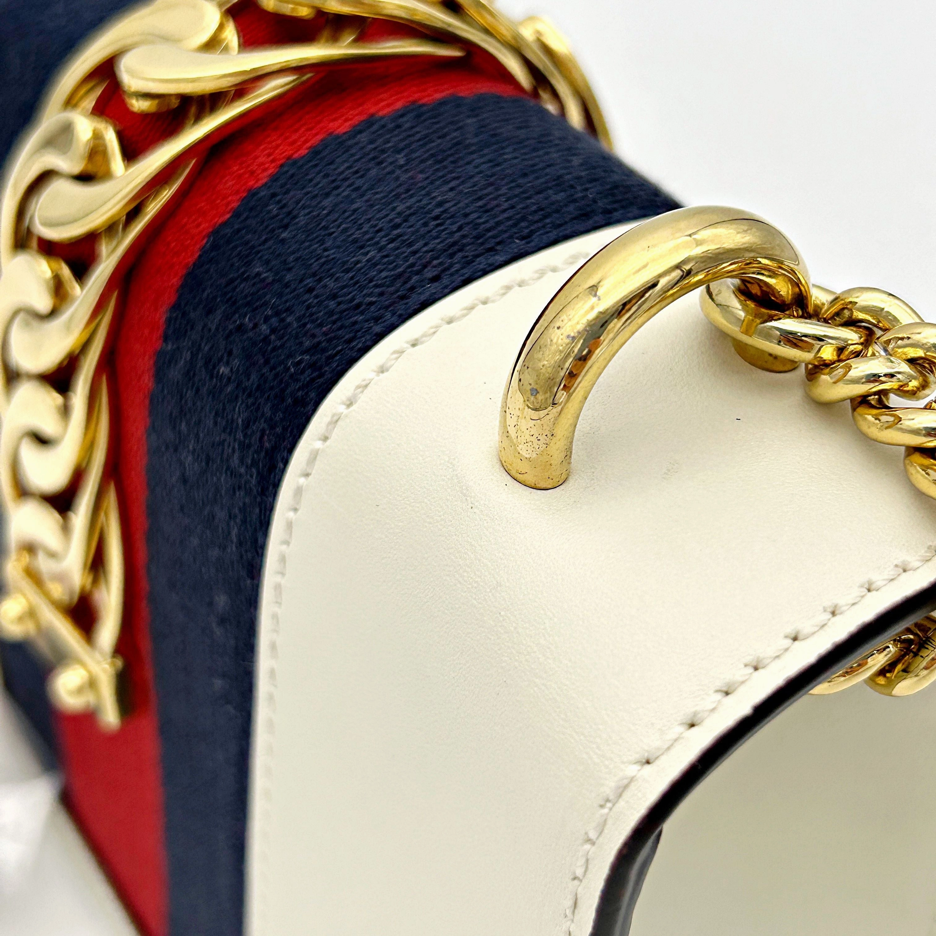 Gucci White Leather Vintage Web Mini Sylvie Chain Shoulder Bag gu9962ht